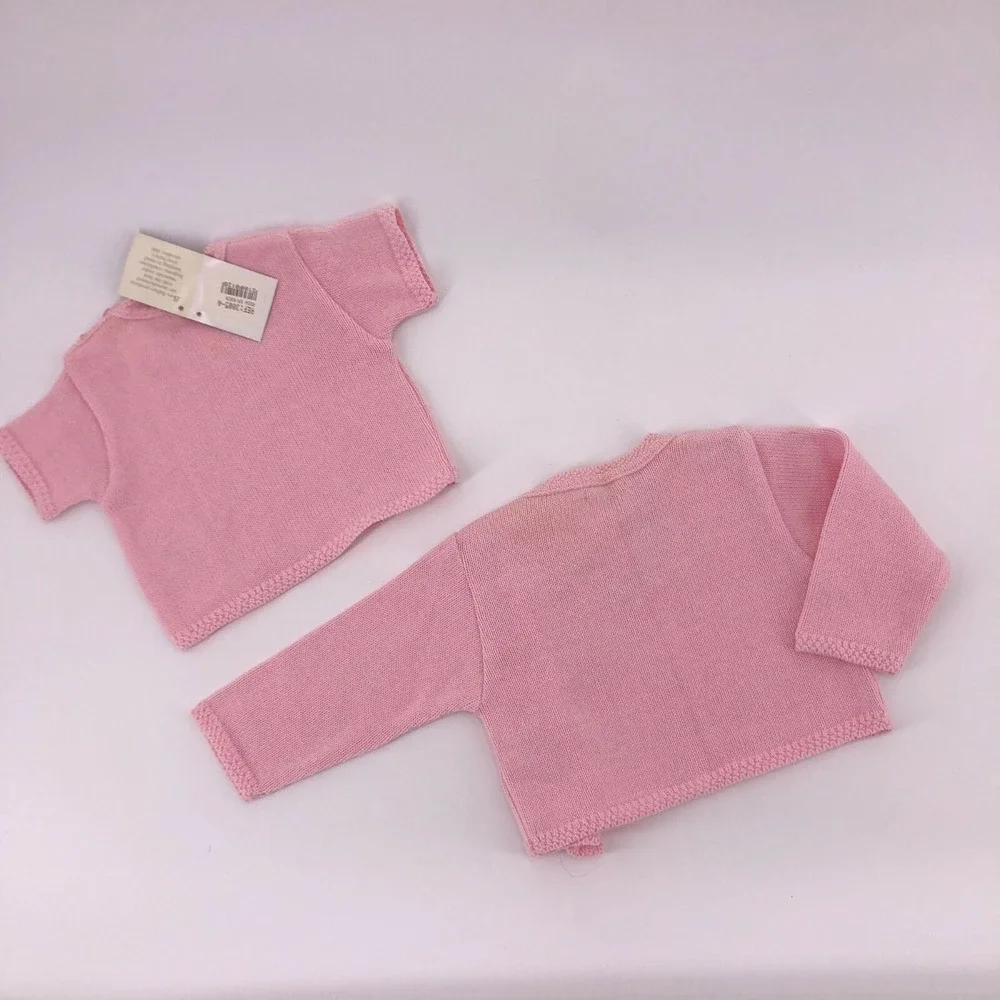 New 6 Mo Pink Short Sleeve Sweater & Cardigan Set Detailed Trim w Square Buttons